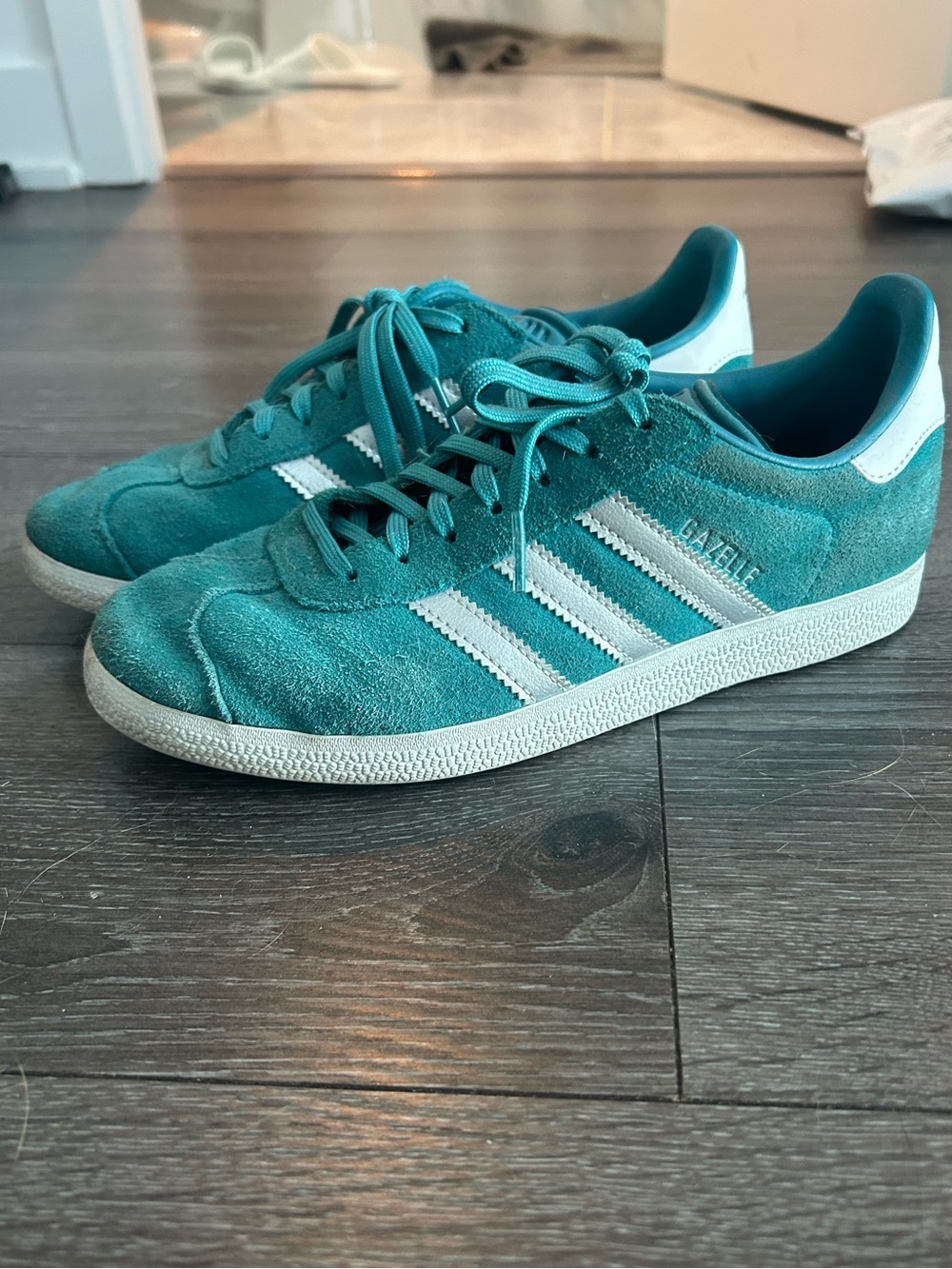 adidas Teal Suede Gazelle Sneakers with White Stripes